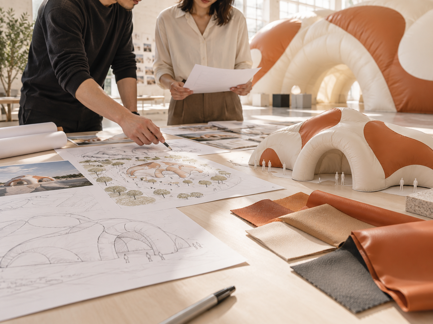 Project team reviewing an inflatable installation model, material samples, and site plans in a studio.