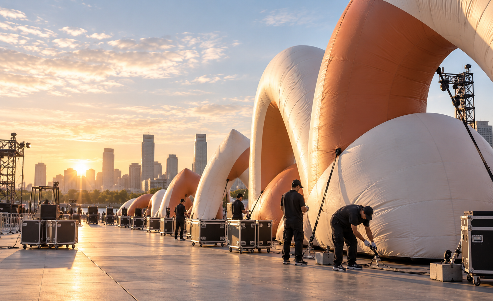 Installation team preparing a large orange-and-white inflatable structure at an outdoor event site.