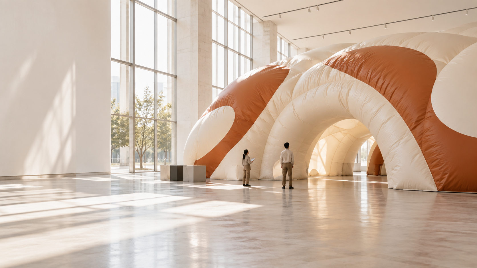 Large orange-and-white inflatable installation set inside a daylight-filled architectural space.