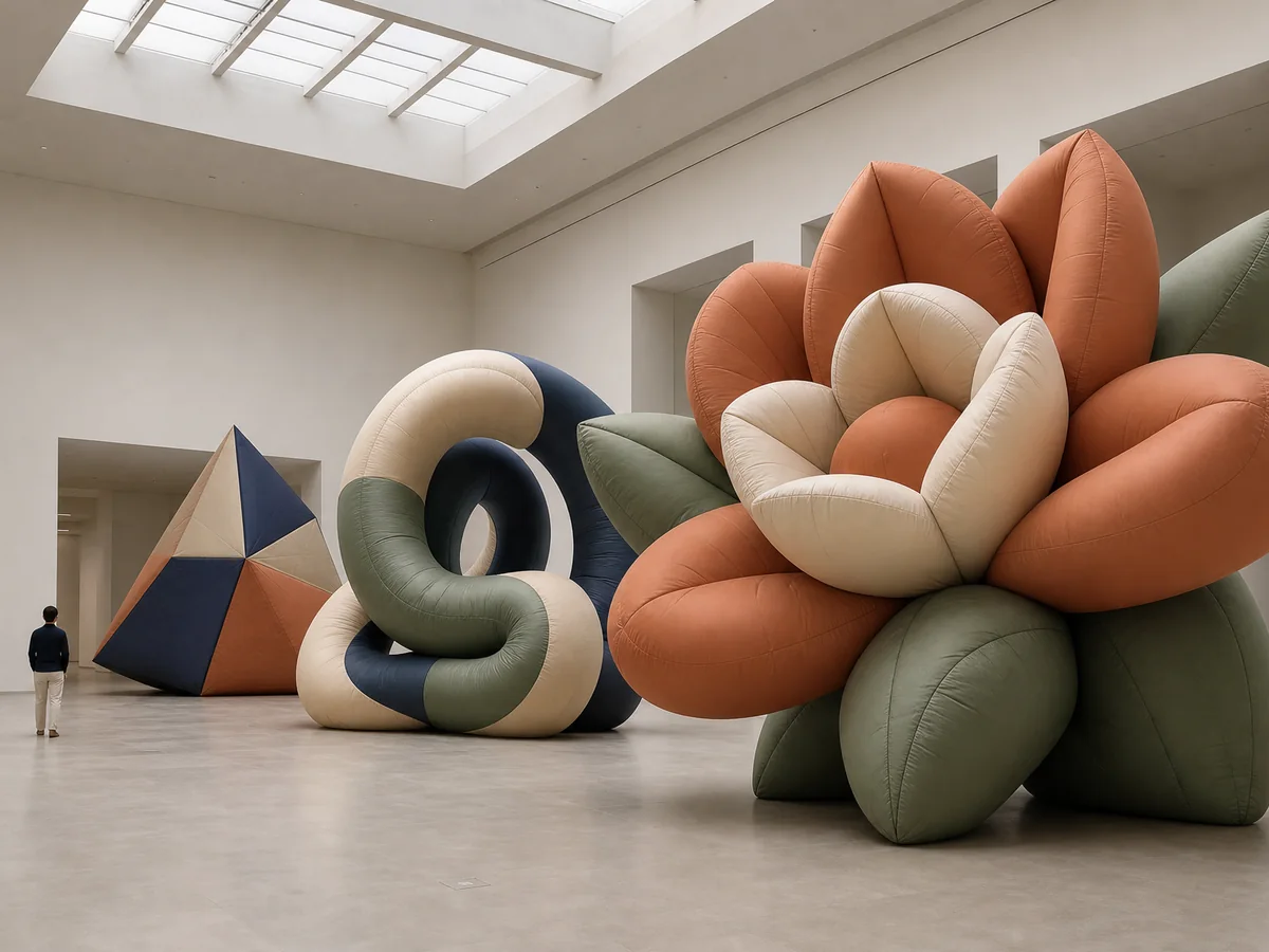 Flower and geometric inflatable sculptures in a commercial gallery atrium.