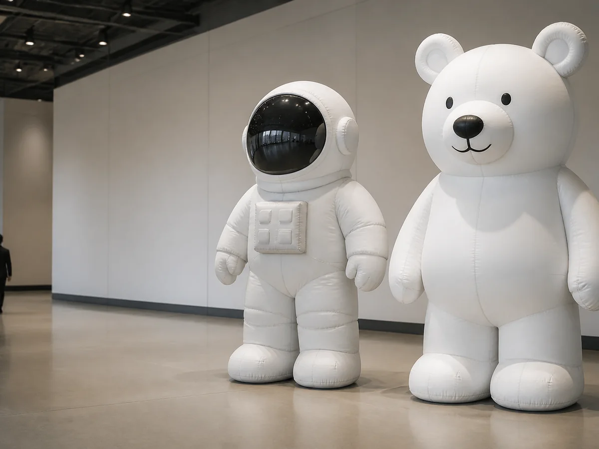 Original astronaut and bear inflatable mascots in an exhibition foyer.